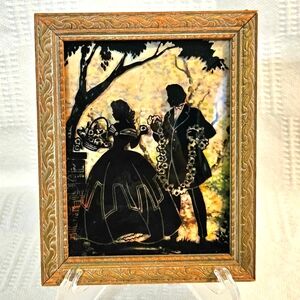 Vintage Reverse Painting Convex Glass Victorian Couple Silhouette 4" x 5"